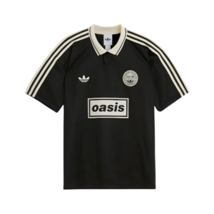Jersey Adidas Oasis Tour 25/26 negro de frente con las tres franjas y logo clásico